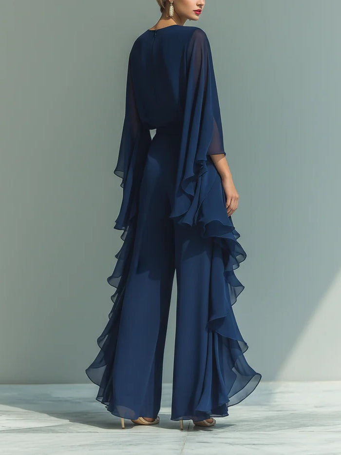 Odette | Chiffon Ruffle-Sleeve Blouse and Wide-Leg Trouser Set