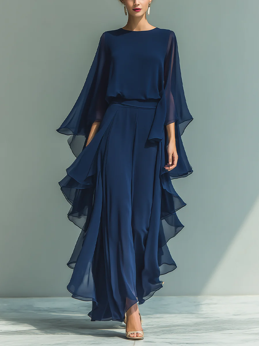 Odette | Chiffon Ruffle-Sleeve Blouse and Wide-Leg Trouser Set