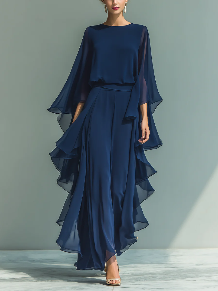 Odette | Chiffon Ruffle-Sleeve Blouse and Wide-Leg Trouser Set