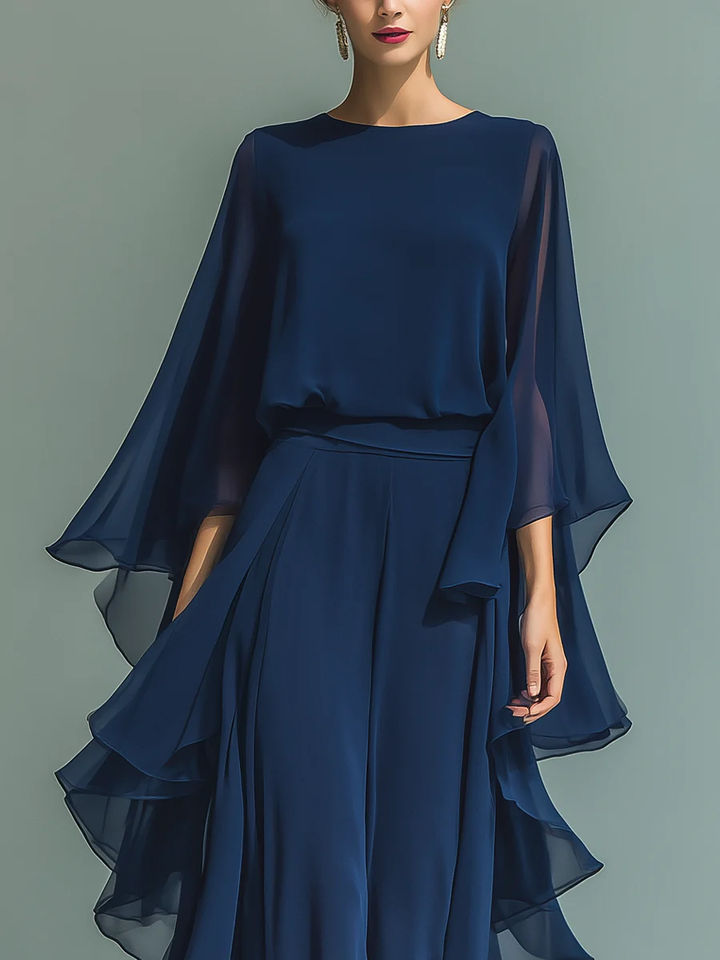 Odette | Chiffon Ruffle-Sleeve Blouse and Wide-Leg Trouser Set