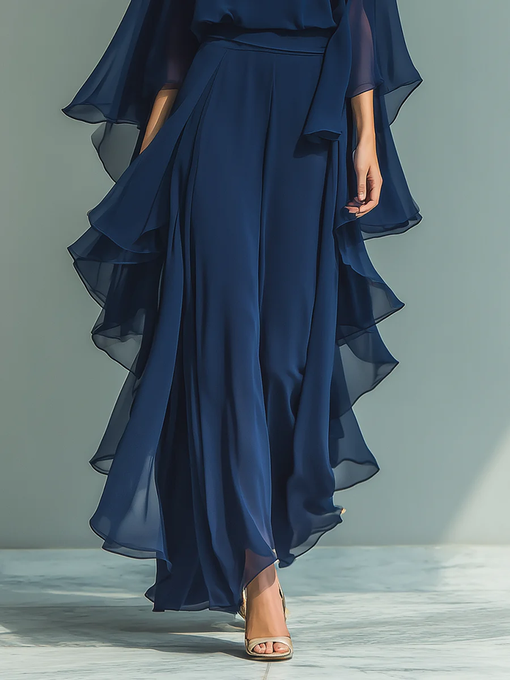 Odette | Chiffon Ruffle-Sleeve Blouse and Wide-Leg Trouser Set