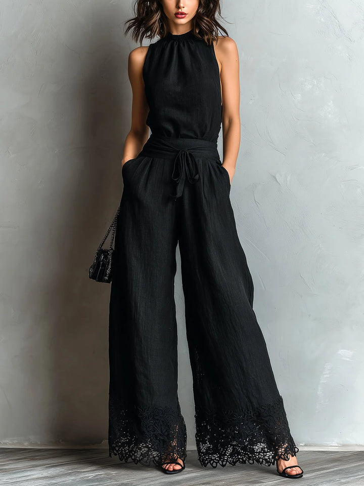 Halter Neck Lace-Trim Wide Leg Belted Jumpsuit