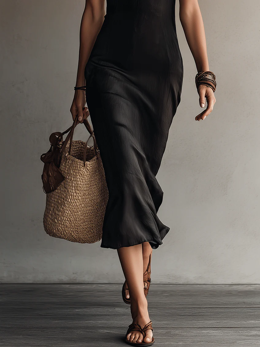 Adriana | Sleeveless Black V-Neck Midi Dress with Lace Trim