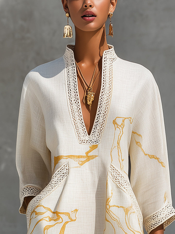 Crochet Lace Mini Dress | Ivory & Gold Print V-Neck