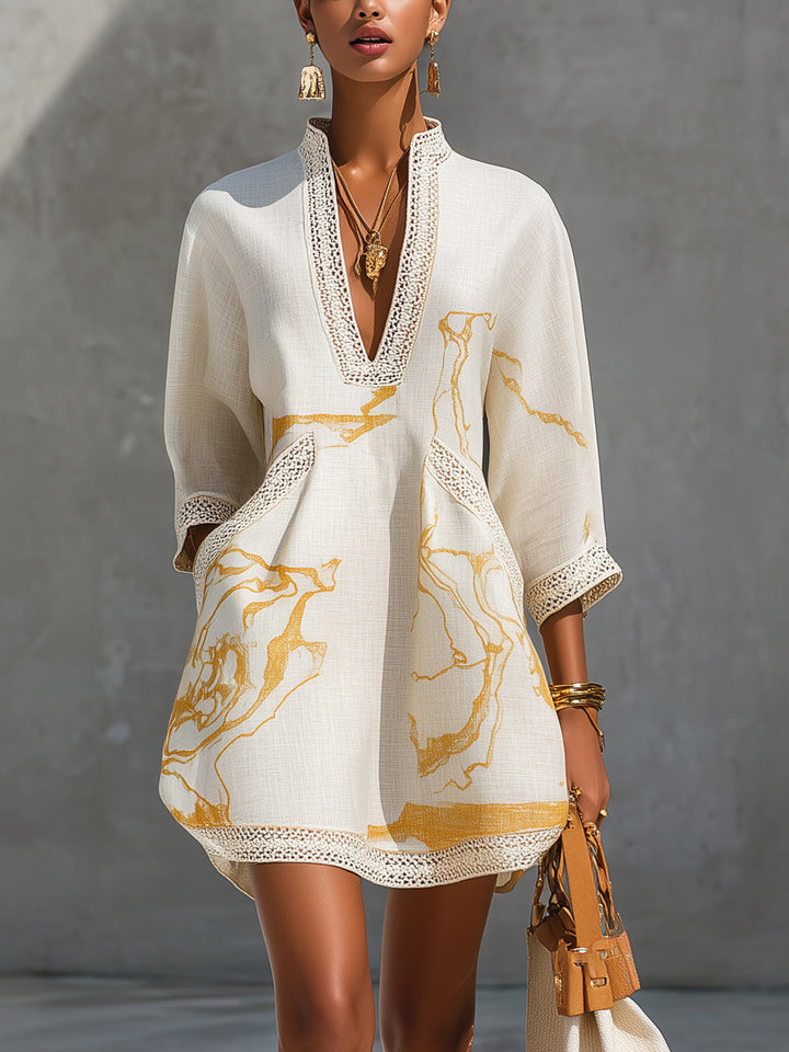 Crochet Lace Mini Dress | Ivory & Gold Print V-Neck