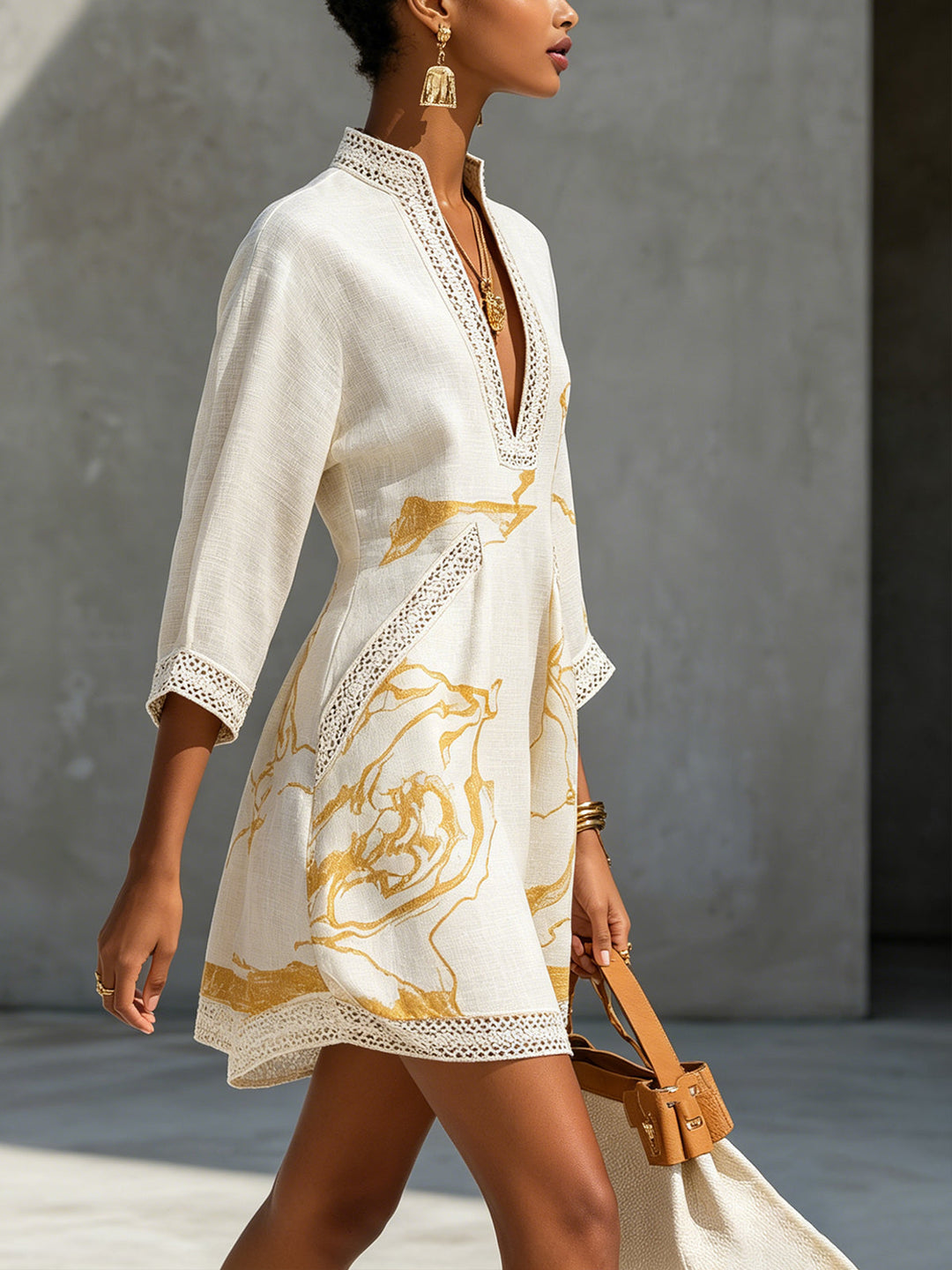 Crochet Lace Mini Dress | Ivory & Gold Print V-Neck
