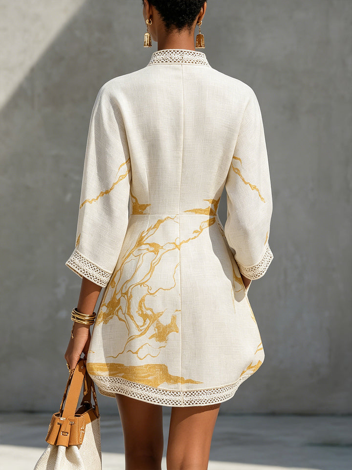 Crochet Lace Mini Dress | Ivory & Gold Print V-Neck