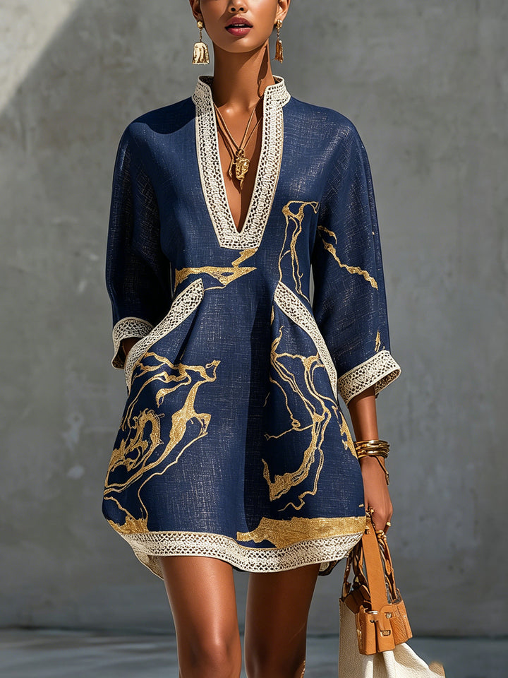 Crochet Lace Mini Dress | Navy & Gold V-Neck