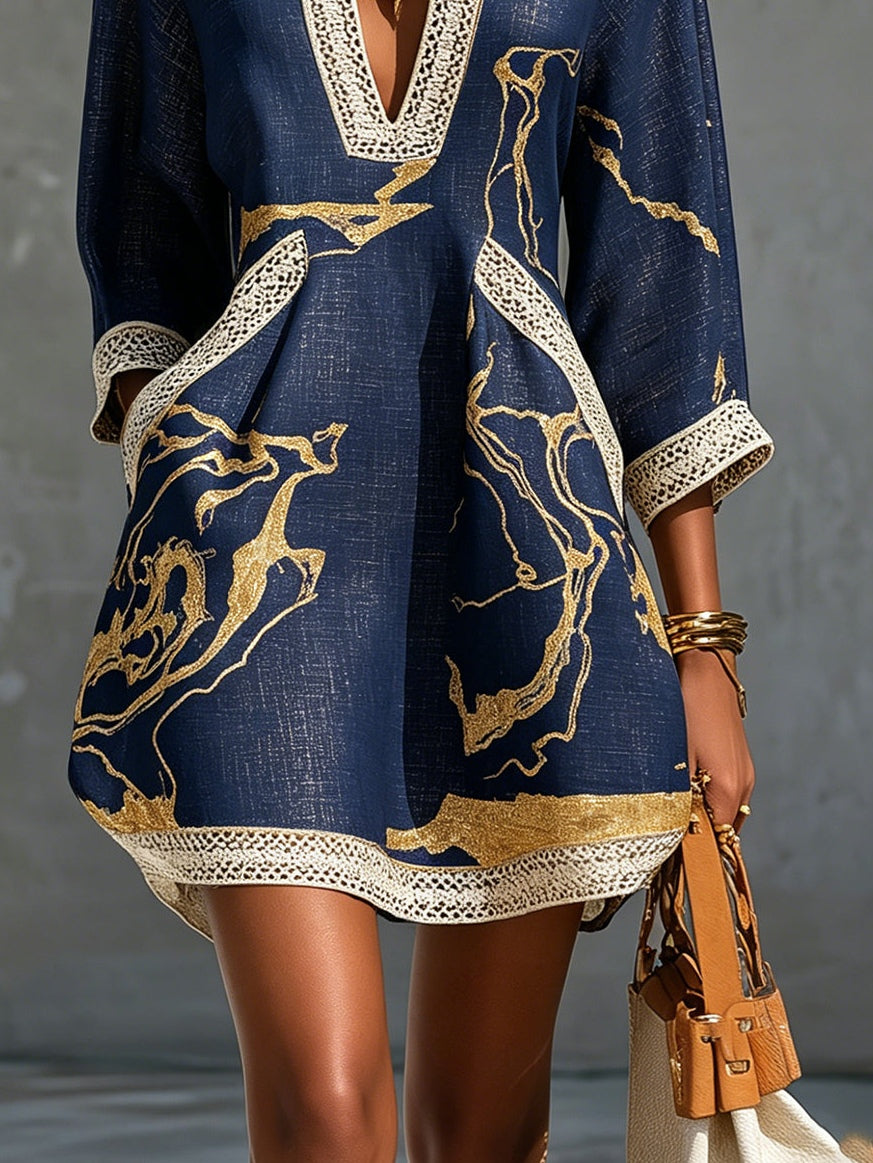 Crochet Lace Mini Dress | Navy & Gold V-Neck