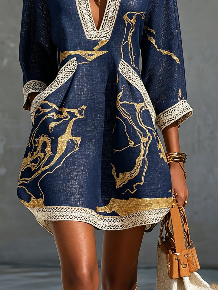 Crochet Lace Mini Dress | Navy & Gold V-Neck