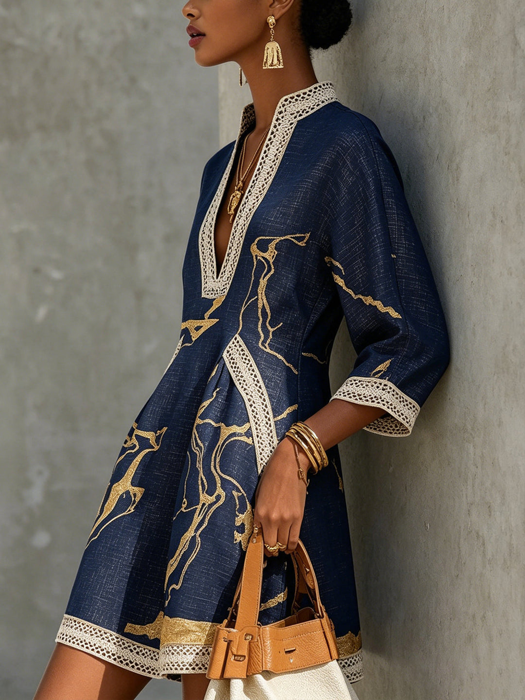 Crochet Lace Mini Dress | Navy & Gold V-Neck