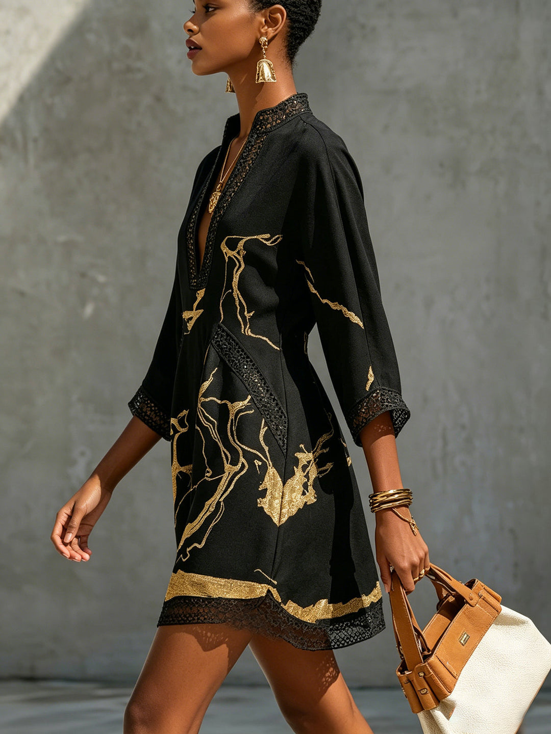 Crochet Lace Mini Dress | Black & Gold V-Neck