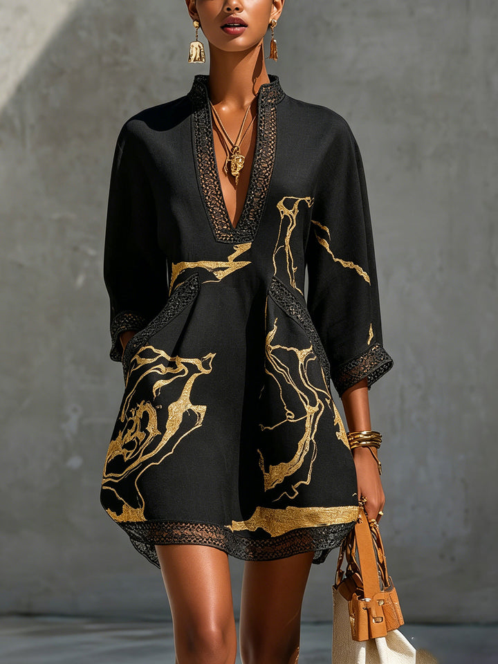 Crochet Lace Mini Dress | Black & Gold V-Neck