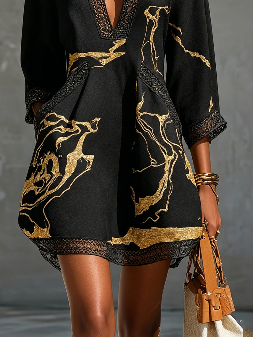 Crochet Lace Mini Dress | Black & Gold V-Neck