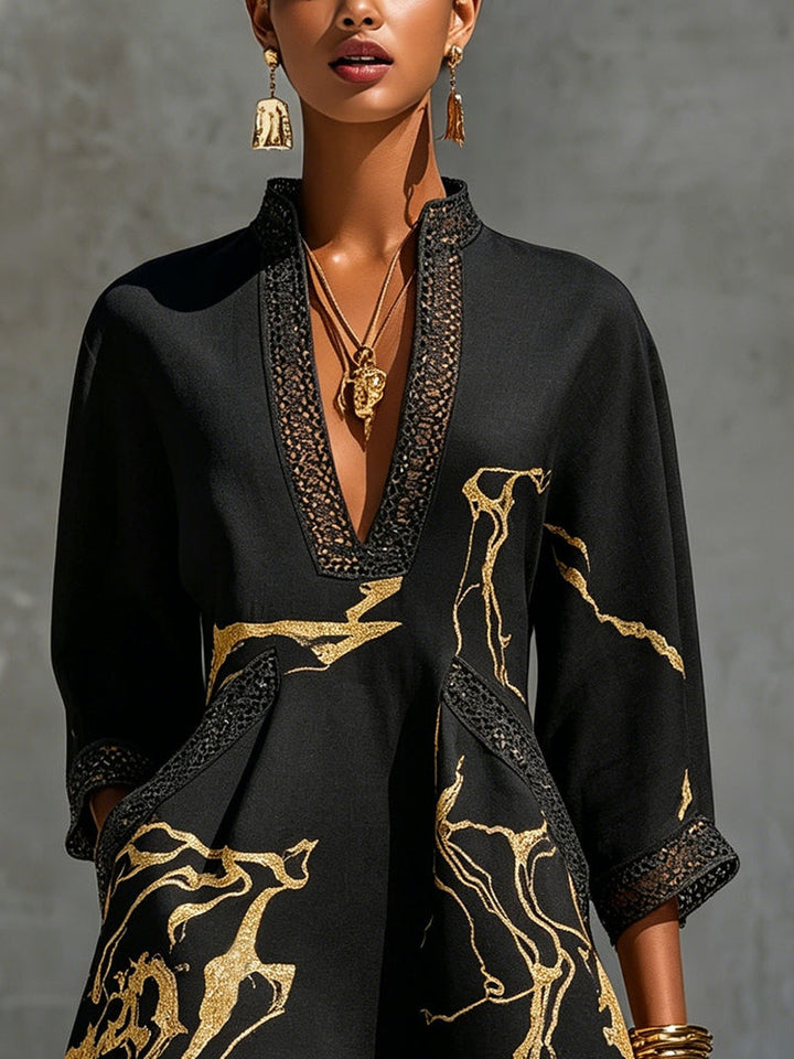 Crochet Lace Mini Dress | Black & Gold V-Neck