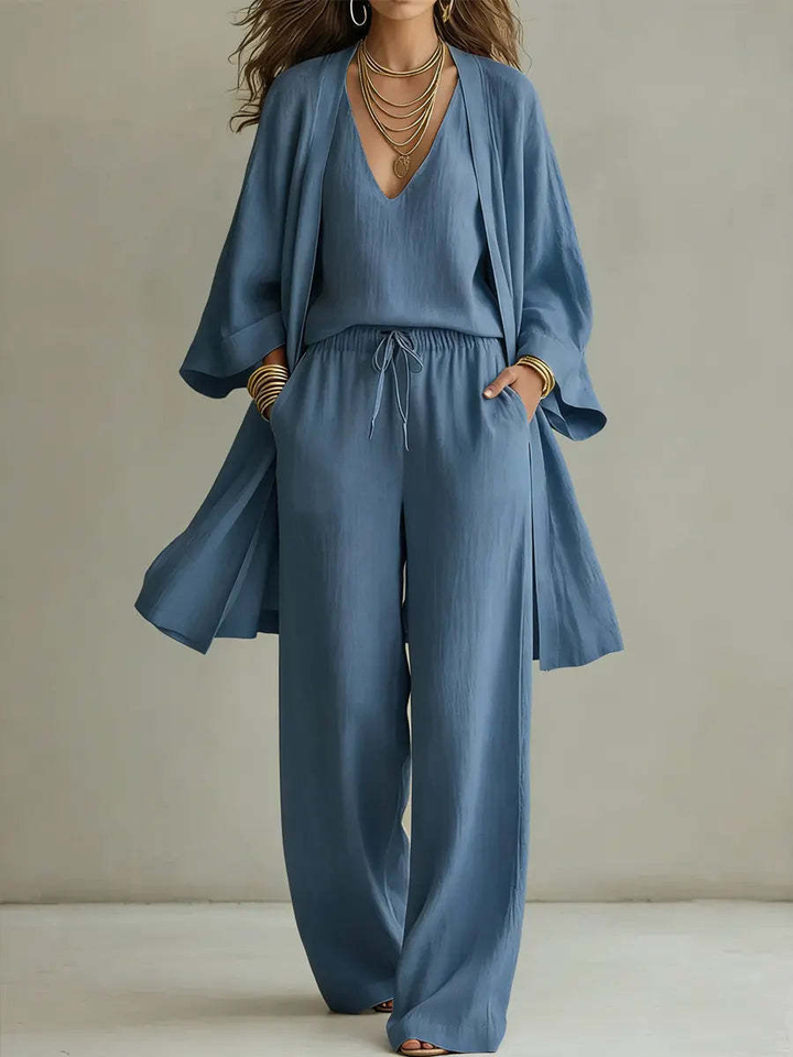 Solid Color Loose Cardigan And Drawstring Wide-leg Trousers Three-piece Set