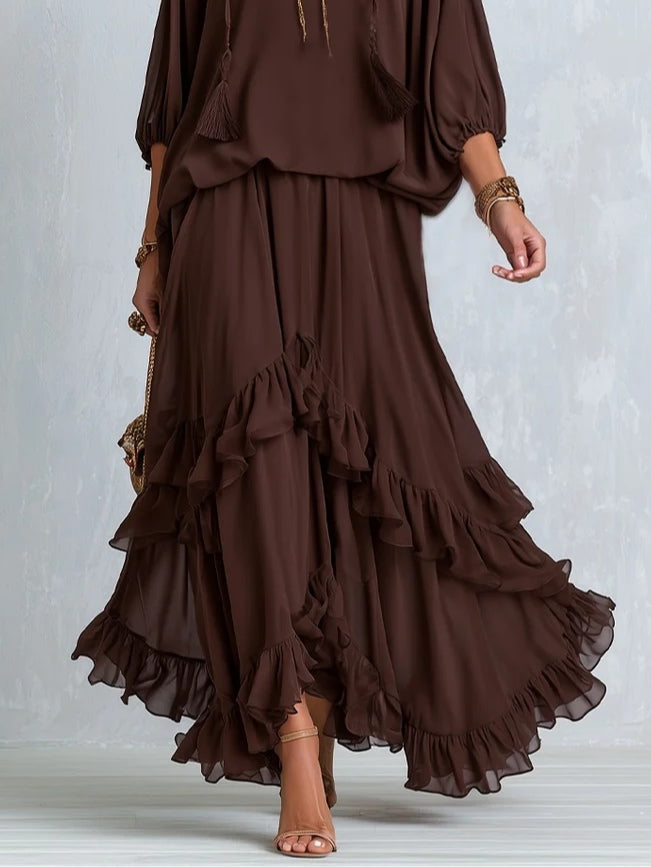 Ondine | Brown Chiffon Fringe Top and Ruffled Skirt Set