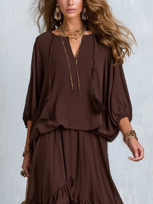 Ondine | Brown Chiffon Fringe Top and Ruffled Skirt Set