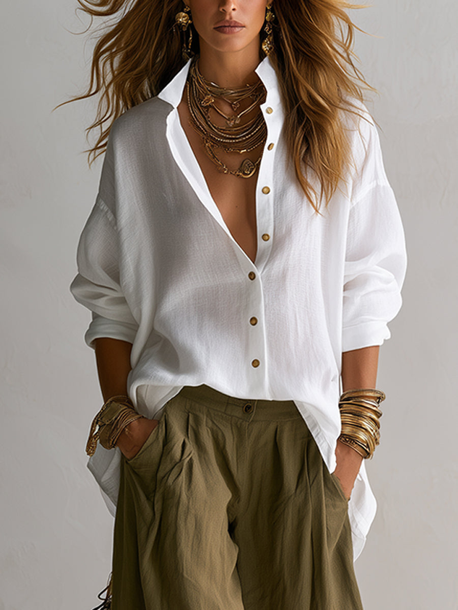 Capucine | White Blouse and Olive Green Lantern Pant Set