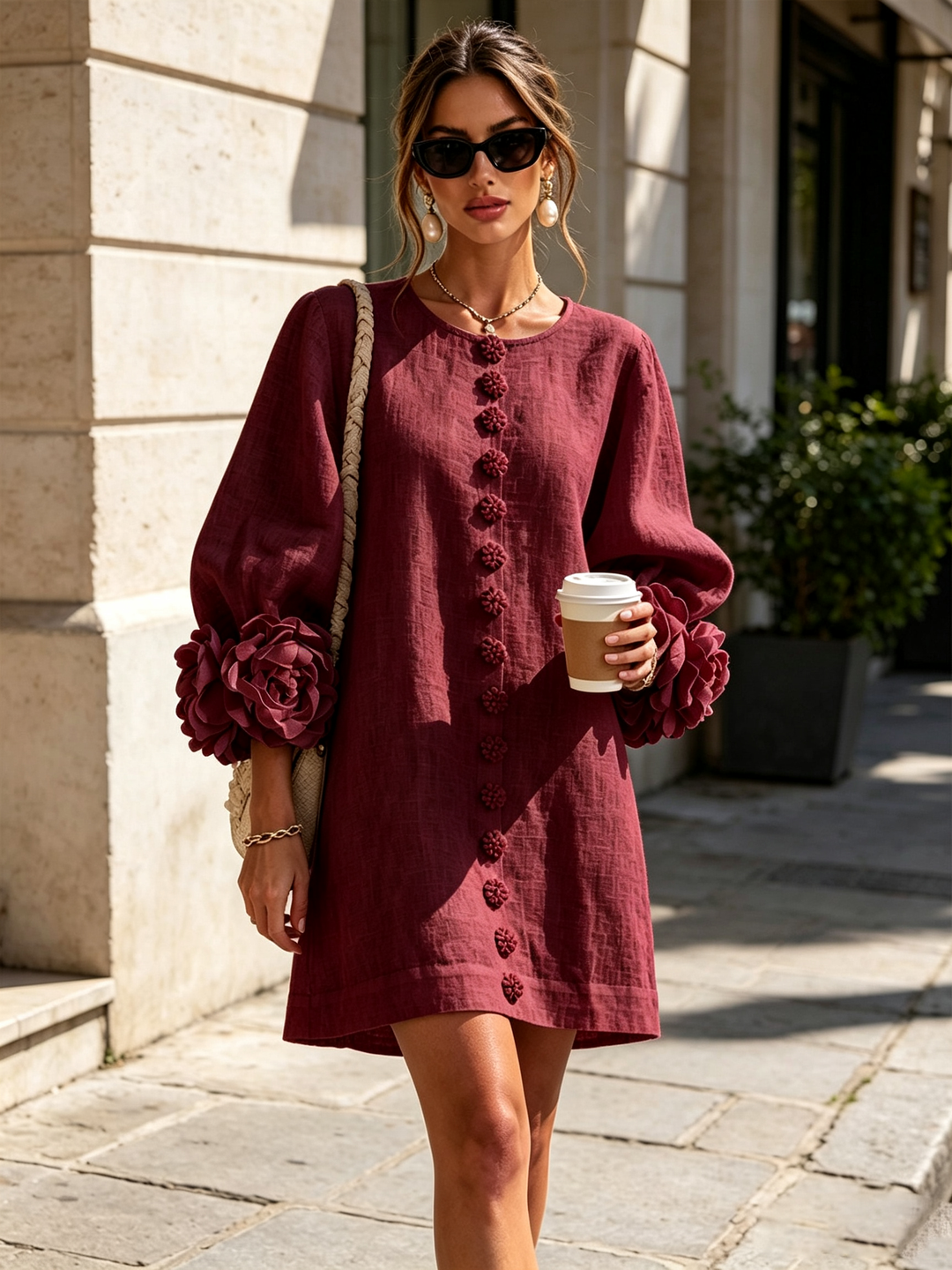 Floral Button-Down Mini Dress | Oversized Floral Cuffs