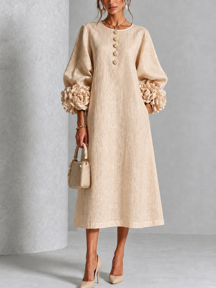 Gaby Beige Floral Button Midi Dress