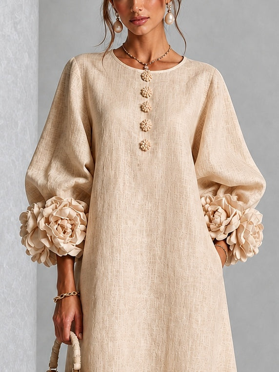 Gaby Beige Floral Button Midi Dress