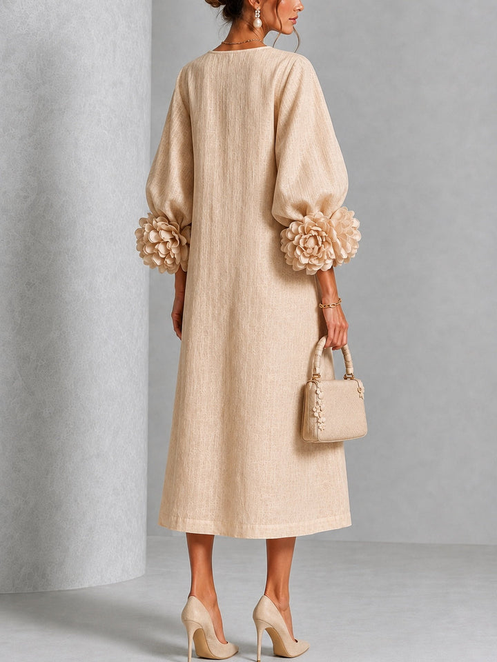 Gaby Beige Floral Button Midi Dress