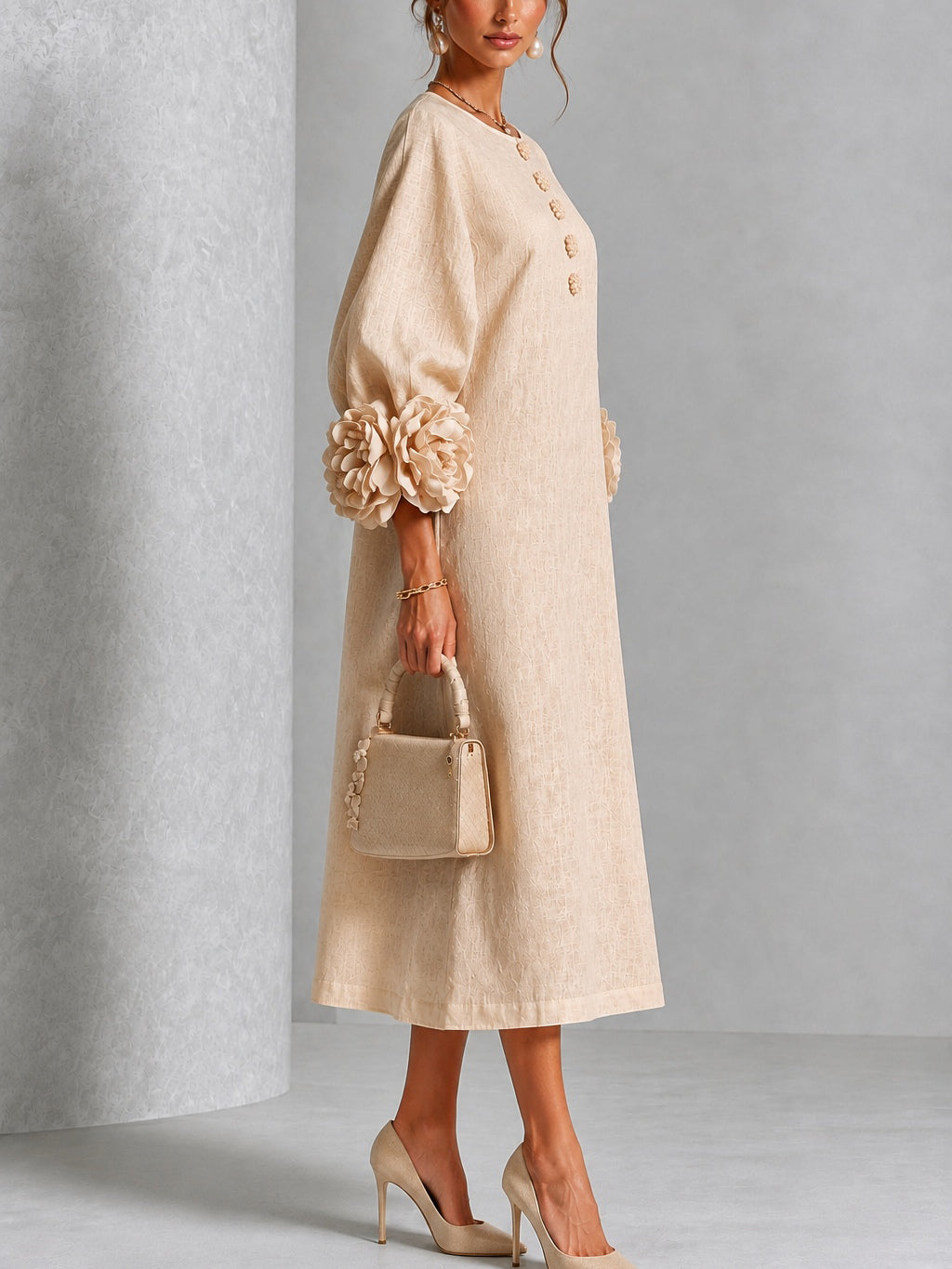Gaby Beige Floral Button Midi Dress