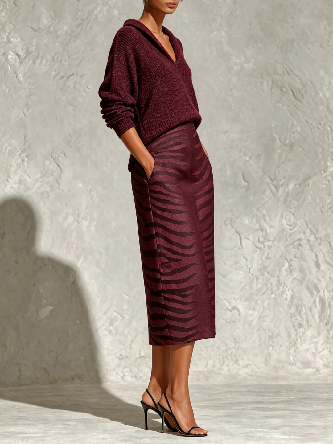 Black Collar Knit Top And Zebra Linen Midi Skirt Two‑Piece Set