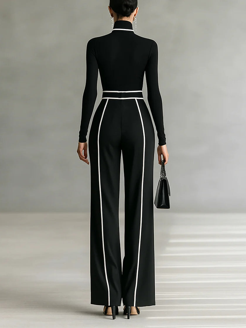 Adèle | High-Neck Set with White Trim and Wide-Leg Pant