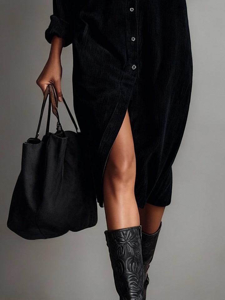 Béatrice | Ribbed Corduroy Midi Dress with Pockets