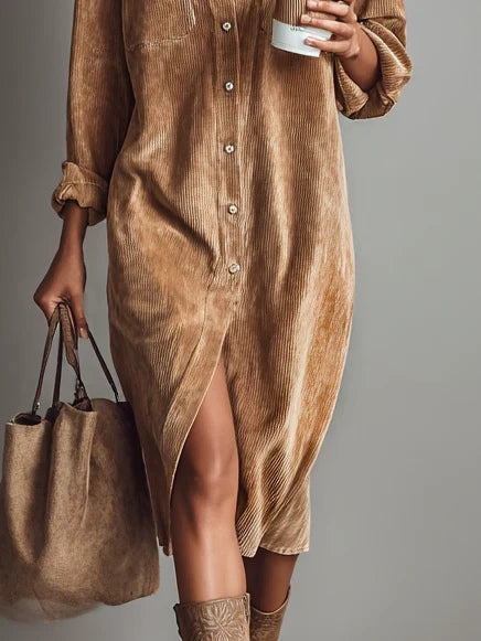 Béatrice | Ribbed Corduroy Midi Dress with Pockets