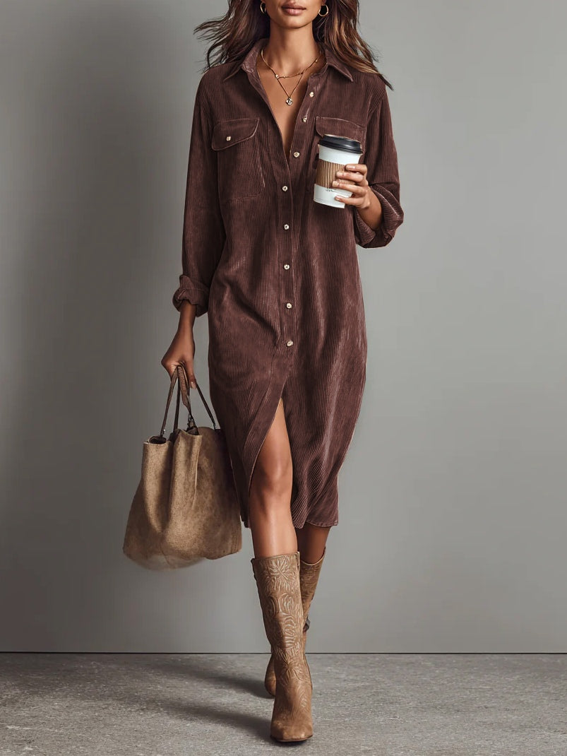 Béatrice | Ribbed Corduroy Midi Dress with Pockets