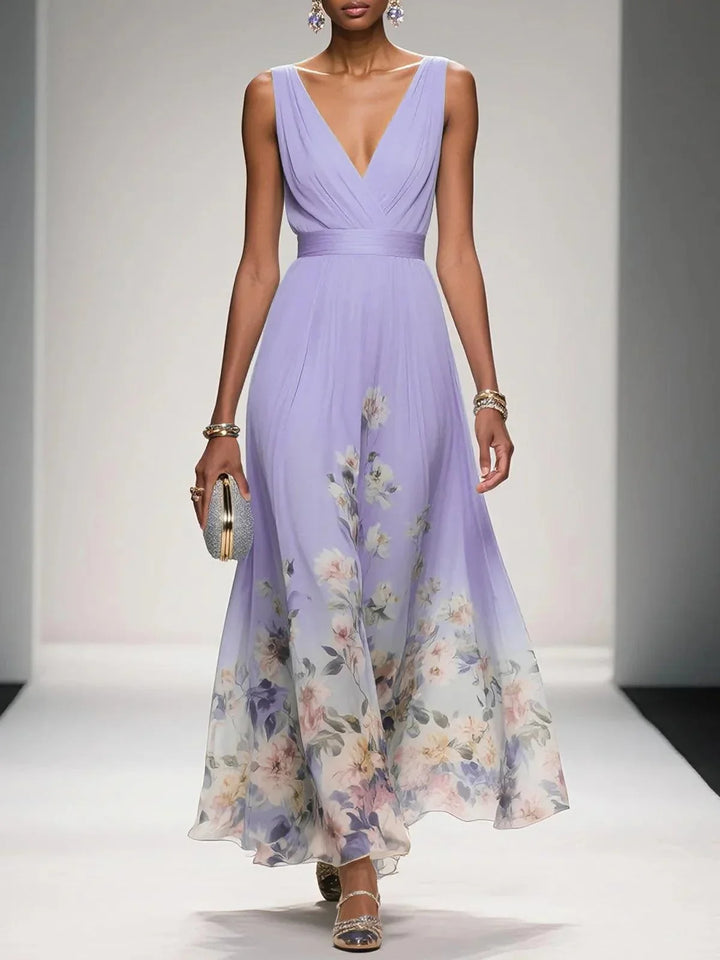 Light Blue Floral Chiffon V-Neck Sleeveless A-Line Maxi Dress