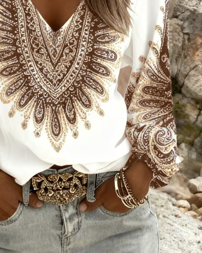 Elara | Retro Print V-Neck Blouse