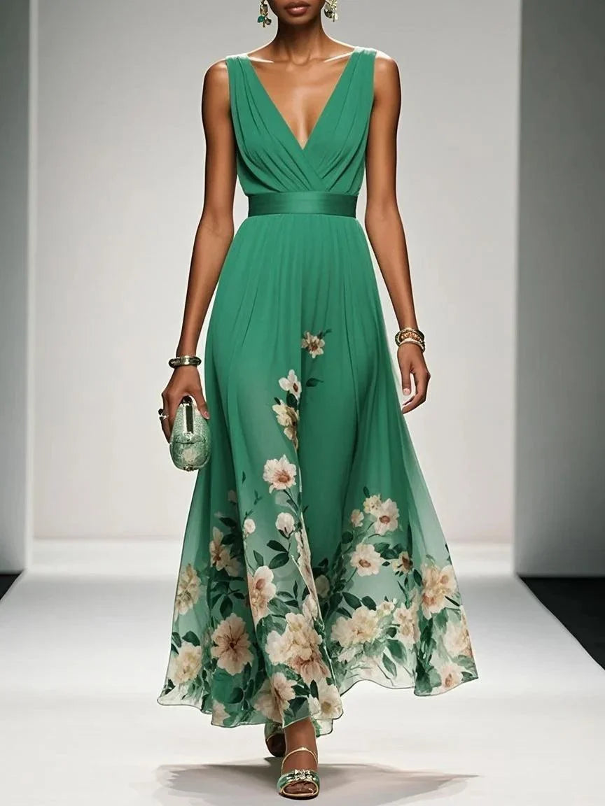 Light Blue Floral Chiffon V-Neck Sleeveless A-Line Maxi Dress