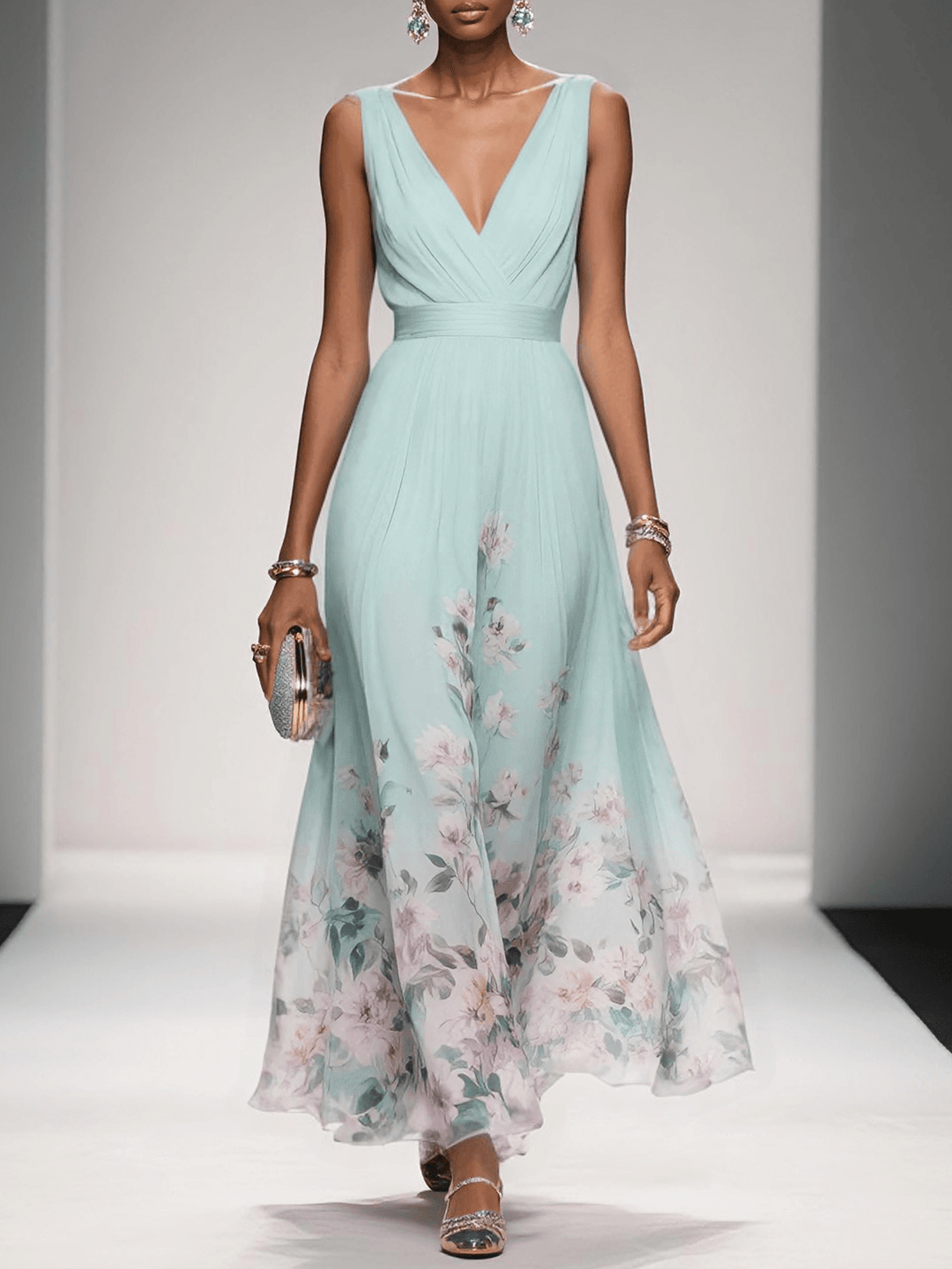 Light Blue Floral Chiffon V-Neck Sleeveless A-Line Maxi Dress