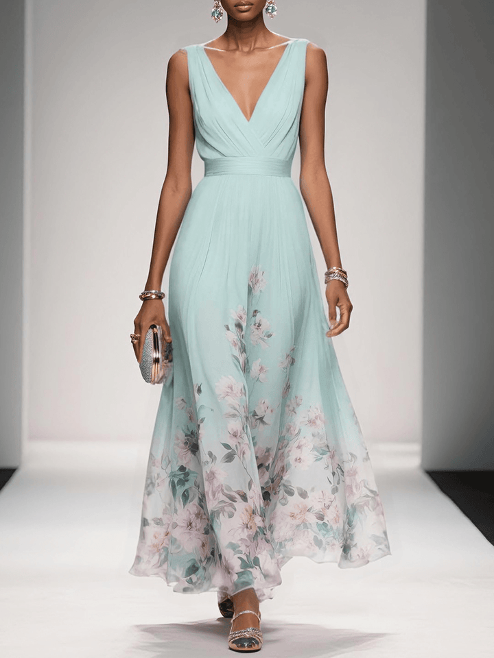 Light Blue Floral Chiffon V-Neck Sleeveless A-Line Maxi Dress