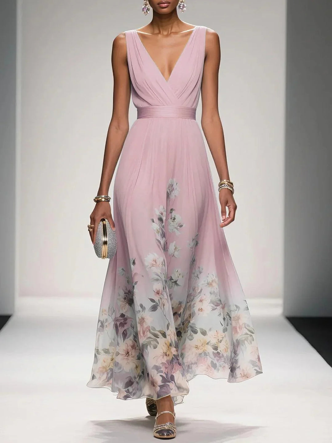 Light Blue Floral Chiffon V-Neck Sleeveless A-Line Maxi Dress