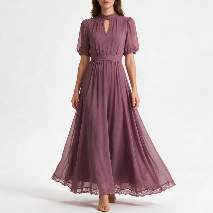 Flavia | Long Purple Dress with Keyhole Neckline, Chiffon Lace Trim