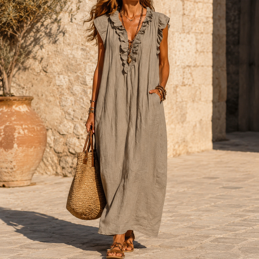 Velina | Ruffle-V Midi Dress with Pockets