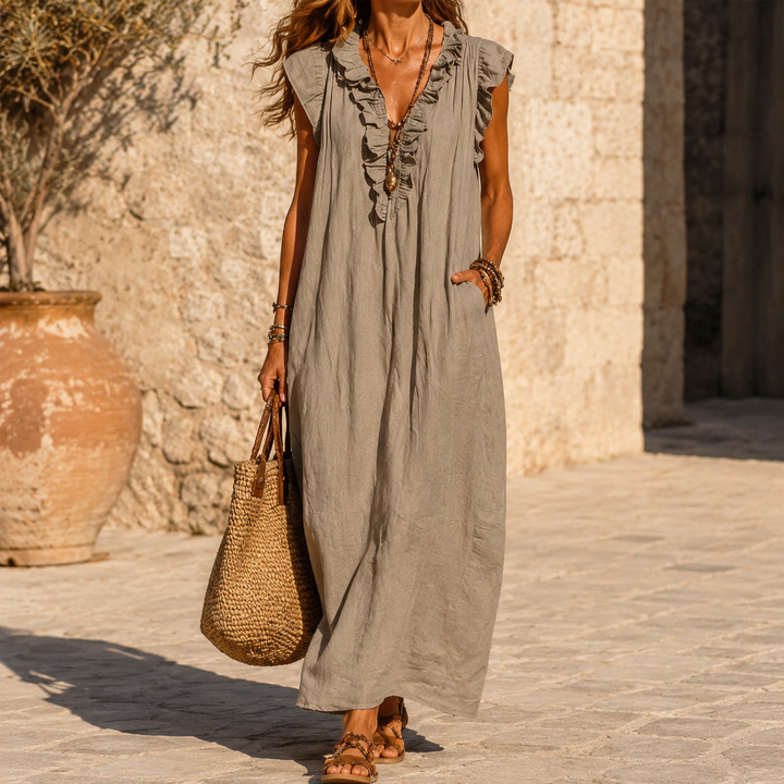 Velina | Ruffle-V Midi Dress with Pockets