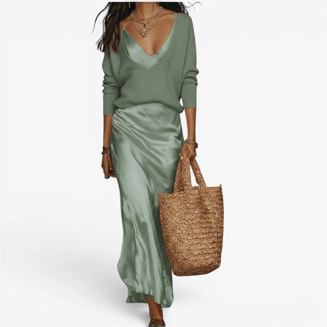 Effortless Ivory Knit & Satin Midi Ensemble