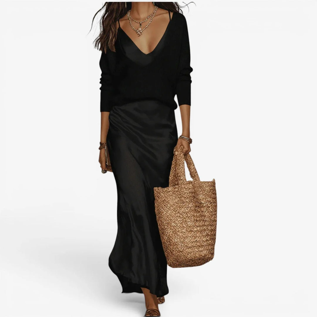 Effortless Ivory Knit & Satin Midi Ensemble