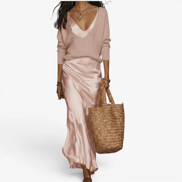 Effortless Ivory Knit & Satin Midi Ensemble