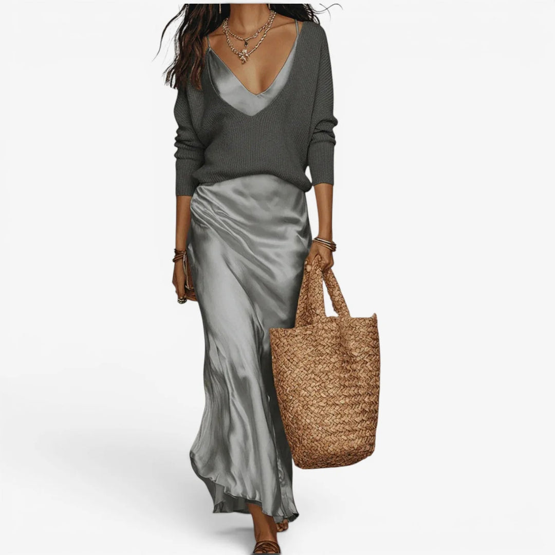 Effortless Ivory Knit & Satin Midi Ensemble