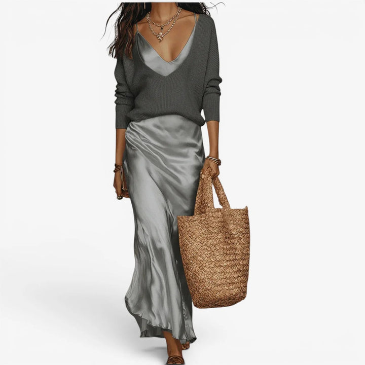 Effortless Ivory Knit & Satin Midi Ensemble