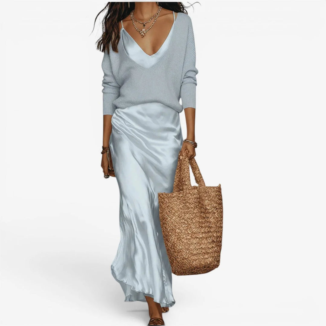 Effortless Ivory Knit & Satin Midi Ensemble