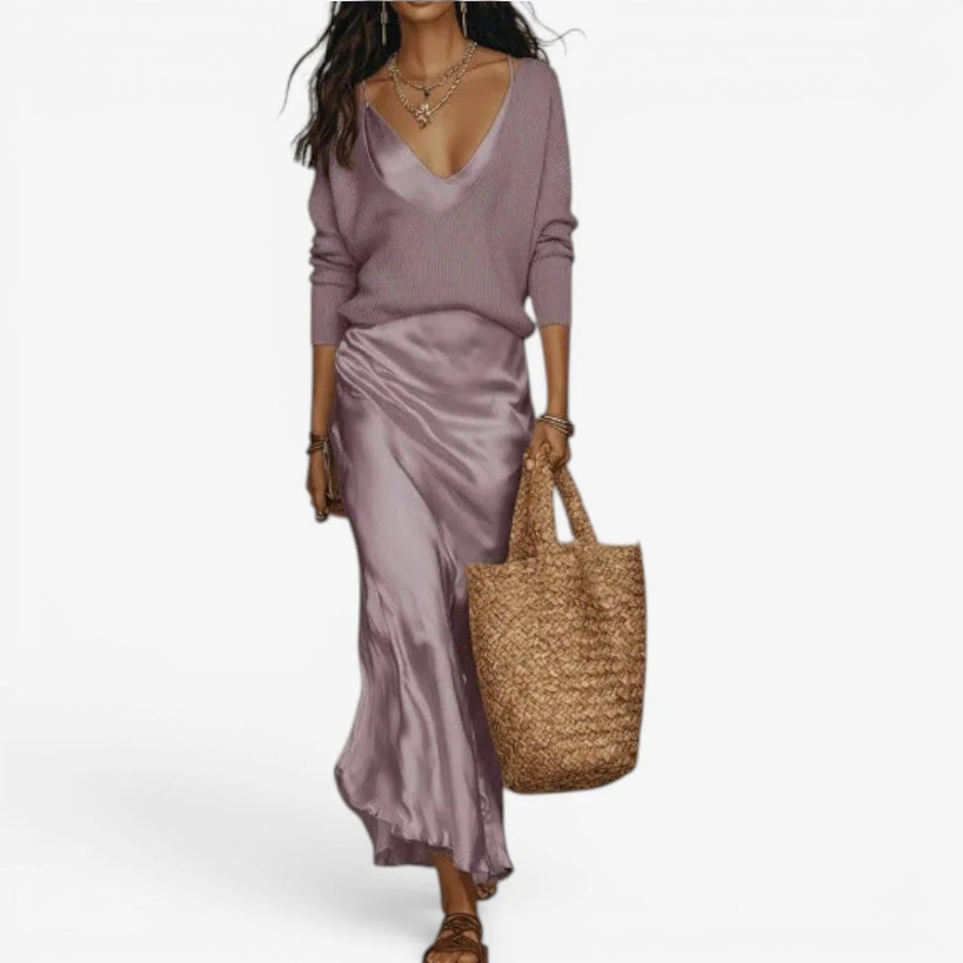 Effortless Ivory Knit & Satin Midi Ensemble