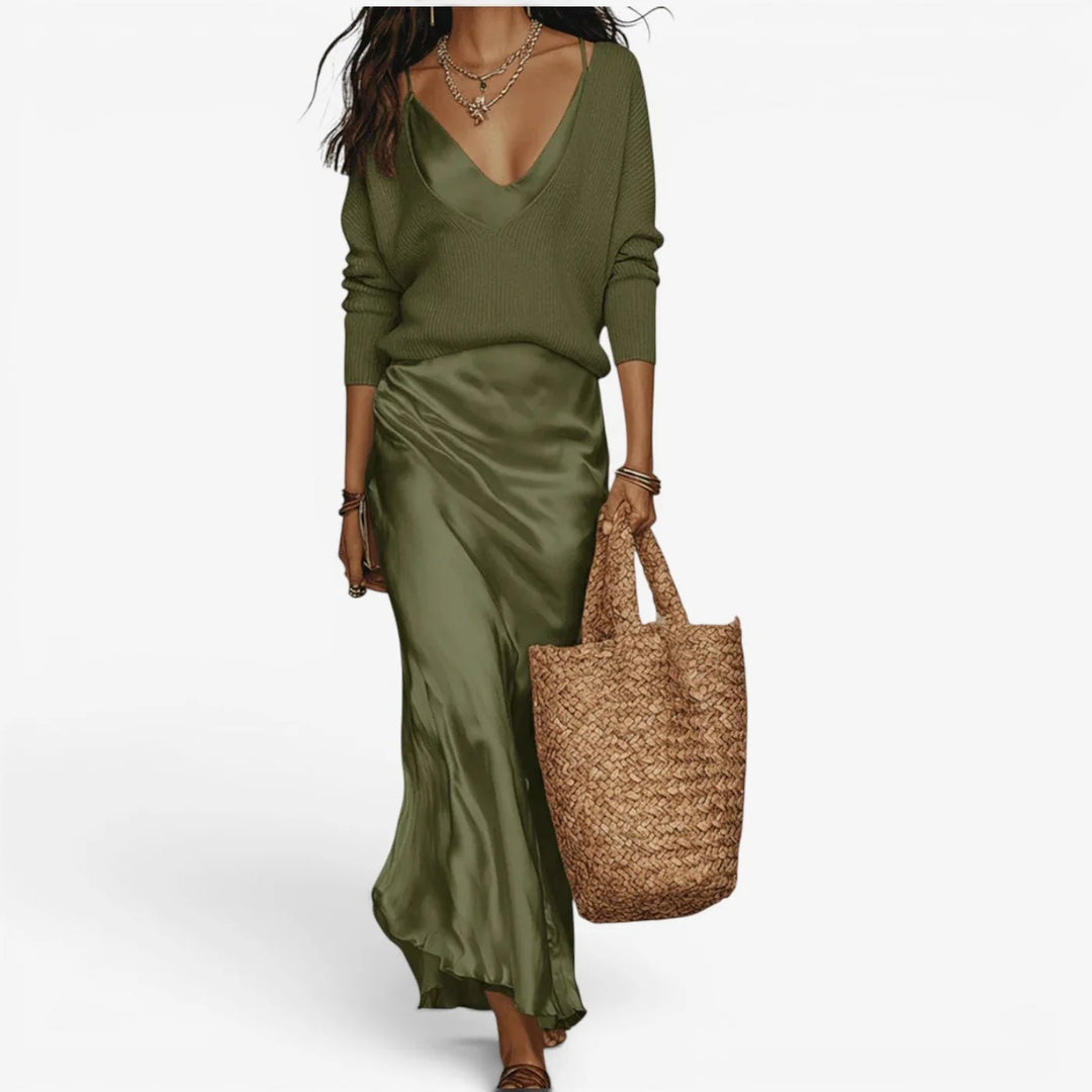 Effortless Ivory Knit & Satin Midi Ensemble